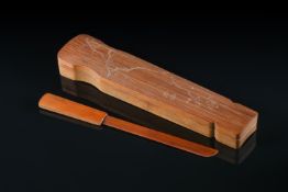 A Chinese bamboo incised paper cutter and case