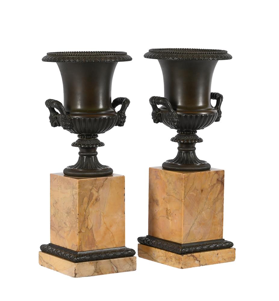 A PAIR OF 'GRAND TOUR' BRONZE CAMPANA VASES ON SIENA MARBLE BASES - Image 2 of 3
