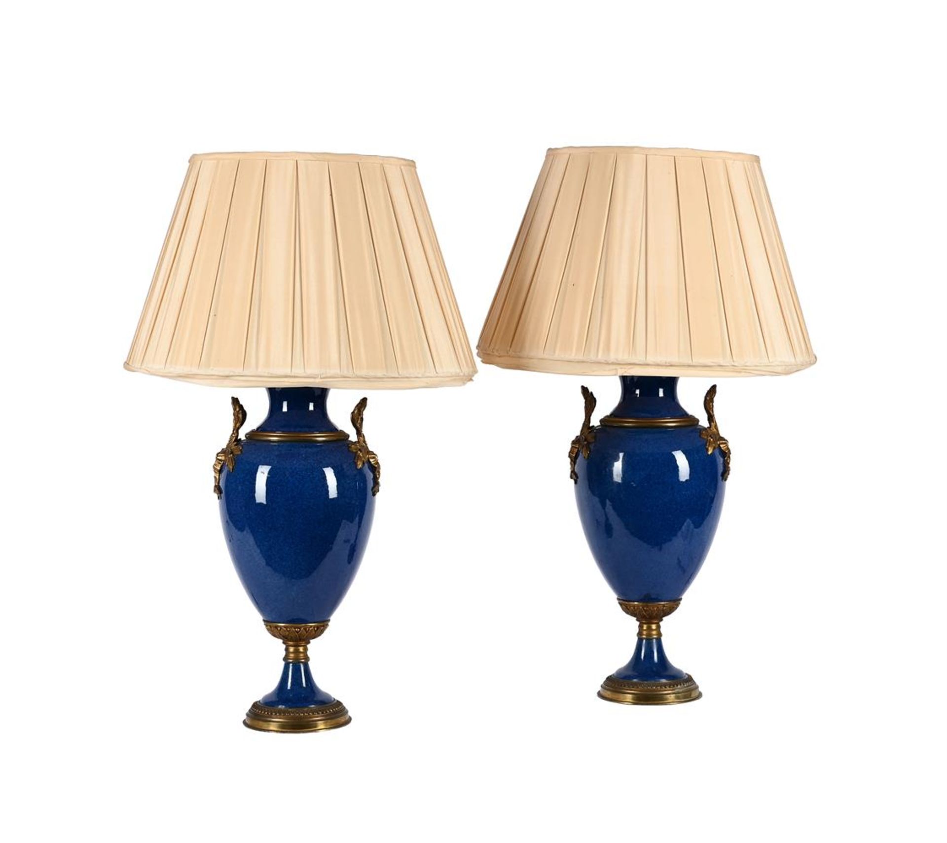 A PAIR OF BLUE GLAZED AND GILT METAL MOUNTED TABLE LAMPS - Image 2 of 2