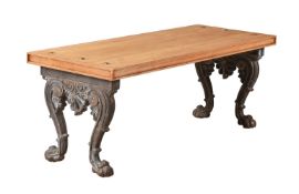 A CAST BRONZE AND OAK MOUNTED HALL BENCH