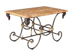 A FRENCH WROUGHT IRON AND MARBLE TOPPED 'BAKER'S' TABLE