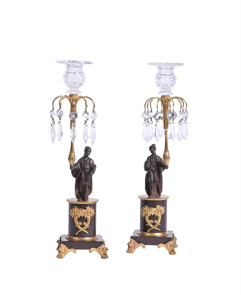 A PAIR OF PATINATED AND GILT METAL TABLE LUSTRES