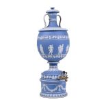 A WEDGWOOD PALE-BLUE-DIP JASPER URN-SHAPED 'SPENCER'S PATENT MAGNETIC PURIFYING FILTER'