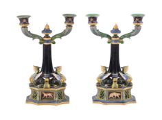 A PAIR OF MINTON MAJOLICA TWO-BRANCH CANDELABRA