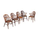 A HARLEQUIN SET OF FIVE YEW AND ELM WINDSOR ARMCHAIRS