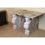 A LARGE VARIEGATED GREEN MARBLE SIDE OR CONSOLE TABLE