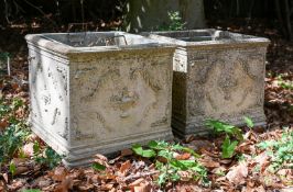 A PAIR OF COMPOSITION STONE SQUARE PLANTERS