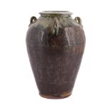 λ MIKE DODD (BRITISH B. 1943), A LARGE STONEWARE BROWN AND ASH GLAZED VASE WITH FOUR LUG HANDLES