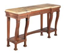 A CARVED OAK AND SIENA MARBLE SERVING TABLE