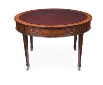 Y A MAHOGANY, ROSEWOOD, CROSSBANDED AND TOOLED LEATHER INSET CIRCULAR CENTRE TABLE
