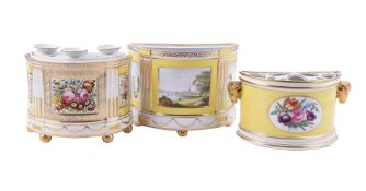 A GROUP OF THREE VARIOUS ENGLISH PORCELAIN YELLOW-GROUND BOUGH-POTS
