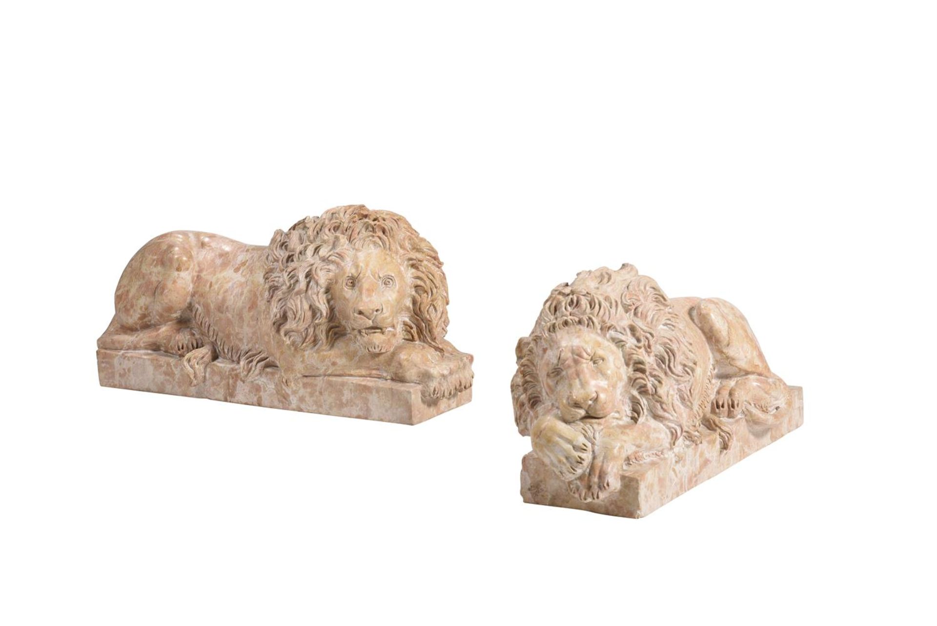 AFTER ANTONIO CANOVA (VENETIAN 1757-1822), A PAIR OF SCULPTED VERONA MARBLE LIONS