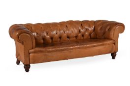 A MAHOGANY AND LEATHER UPHOLSTERED SOFA