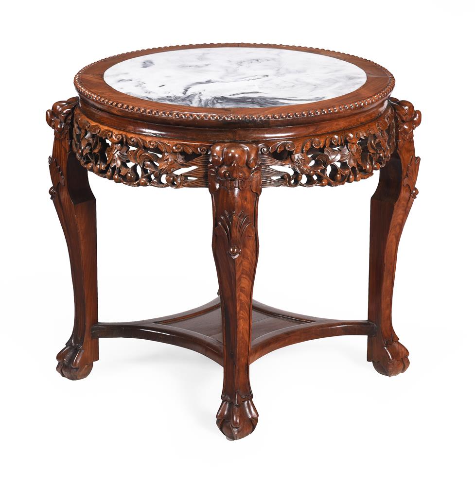 A CHINESE HARDWOOD AND MARBLE INSET OCCASIONAL OR CENTRE TABLE