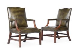 A PAIR OF MAHOGANY AND LEATHER UPHOLSTERED ARMCHAIRS OF GAINSBOROUGH TYPE