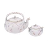 A BELLEEK (FIRST PERIOD) 'GRASS' PATTERN TEAPOT AND COVER AND A SUGAR BOX AND COVER ENSUITE