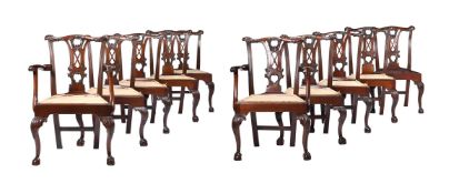 A HARLEQUIN SET OF TEN CARVED MAHOGANY DINING CHAIRS IN MID 18TH CENTURY IRISH TASTE