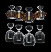 A SET OF FOUR ART DECO STYLE AMBER-FLASHED AND CLEAR GLASS LARGE SCENT BOTTLES AND STOPPERS