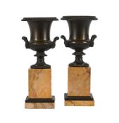 A PAIR OF 'GRAND TOUR' BRONZE CAMPANA VASES ON SIENA MARBLE BASES