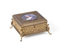 A FRENCH GILT-METAL BOX AND HINGED COVER WITH PORCELAIN PORTRAIT PANEL INSERT OF LIMOGES TYPE