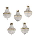 A SET OF FIVE BEADED GLASS AND GILT METAL CHANDELIERS