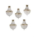 A SET OF FIVE BEADED GLASS AND GILT METAL CHANDELIERS