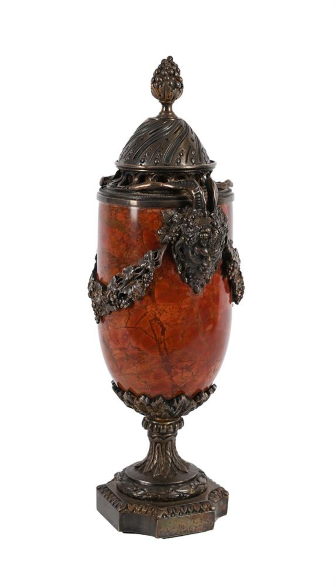 A PAIR OF GILT AND SILVERED METAL MOUNTED RED MARBLE LIDDED URNS - Image 2 of 3