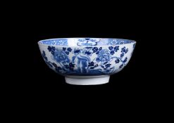 A LOWESTOFT BLUE AND WHITE CHINOISERIE PATTERN PUNCH BOWL
