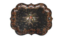 Y A BLACK LACQUER, MOTHER OF PEARL INLAID, AND PAINTED TRAY