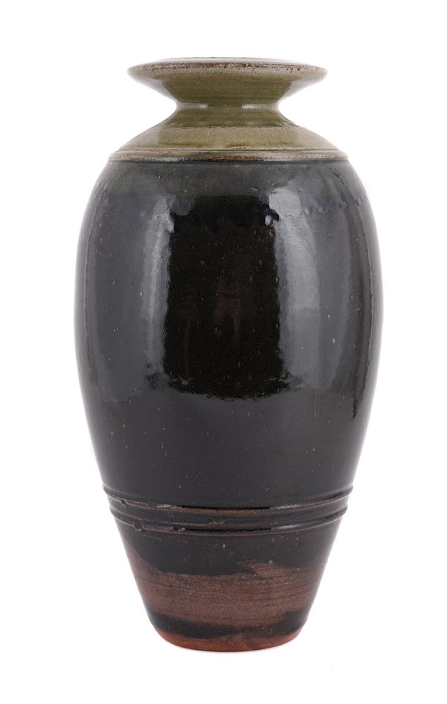 λ RICHARD BATTERHAM (BRITISH 1936-2021), A GREEN ASH AND IRON GLAZED STONEWARE VASE