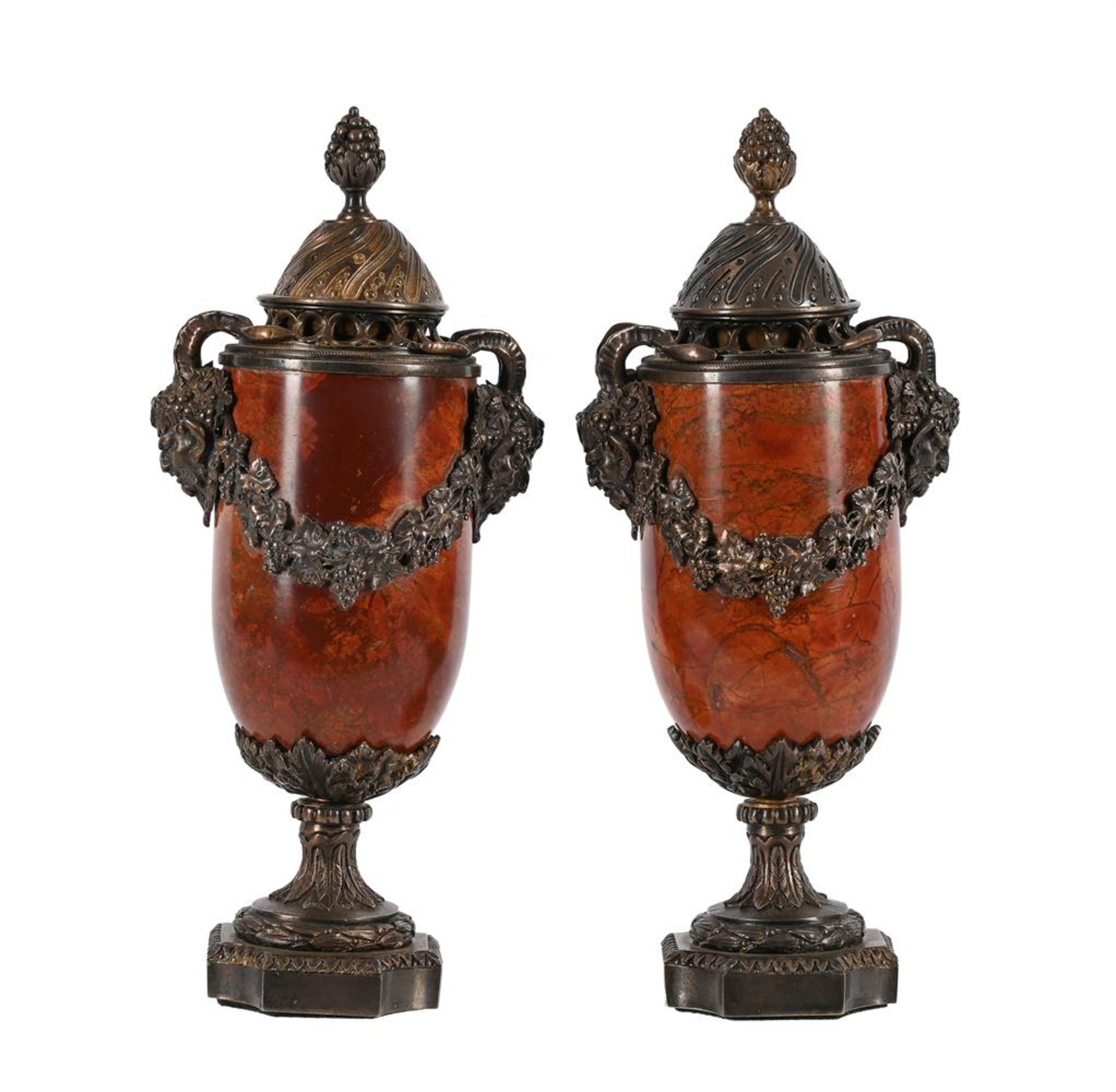 A PAIR OF GILT AND SILVERED METAL MOUNTED RED MARBLE LIDDED URNS