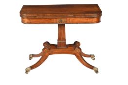 Y A REGENCY ROSEWOOD AND GILT BRASS INLAID PEDESTAL CARD TABLE