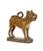 AN INDIAN CARVED AND POLYCHROME MODEL OF A TIGER