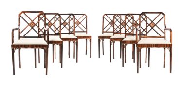Y A SET OF EIGHT ART DECO MACASSAR EBONY AND IVORINE INLAID DINING CHAIRS