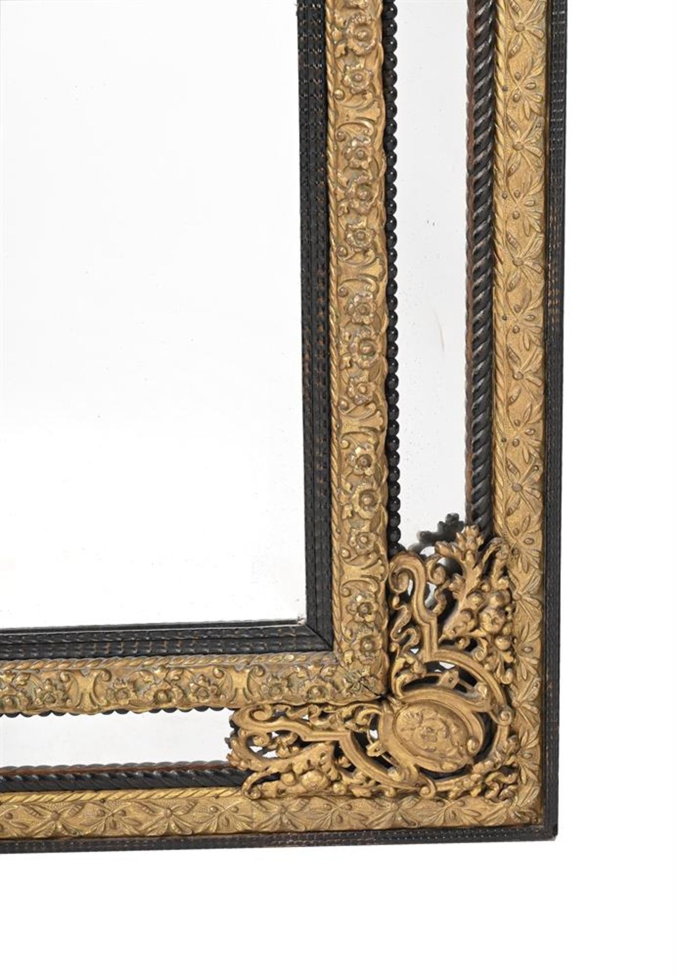 AN EBONISED AND GILT METAL MOUNTED WALL MIRROR - Image 2 of 3