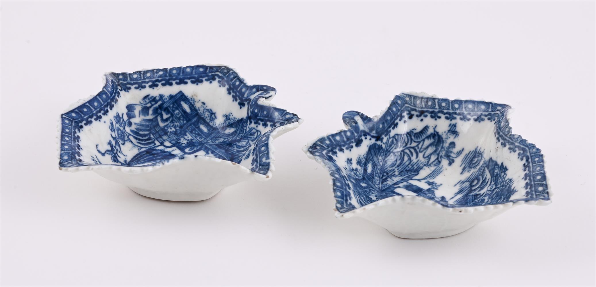 A PAIR OF CAUGHLEY BLUE AND WHITE PRINTED 'FISHERMAN & CORMORANT' PATTERN LEAF-SHAPED PICKLE DISHES - Image 2 of 2