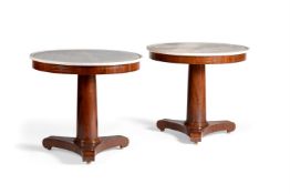 A PAIR OF MARBLE TOPPED AND MAHOGANY OCCASIONAL TABLES IN EMPIRE STYLE