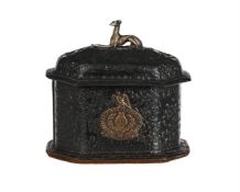A BLACK LEATHER AND METAL MOUNTED HEWITT'S UNIVERSAL TOBACCO BOX