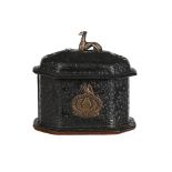 A BLACK LEATHER AND METAL MOUNTED HEWITT'S UNIVERSAL TOBACCO BOX