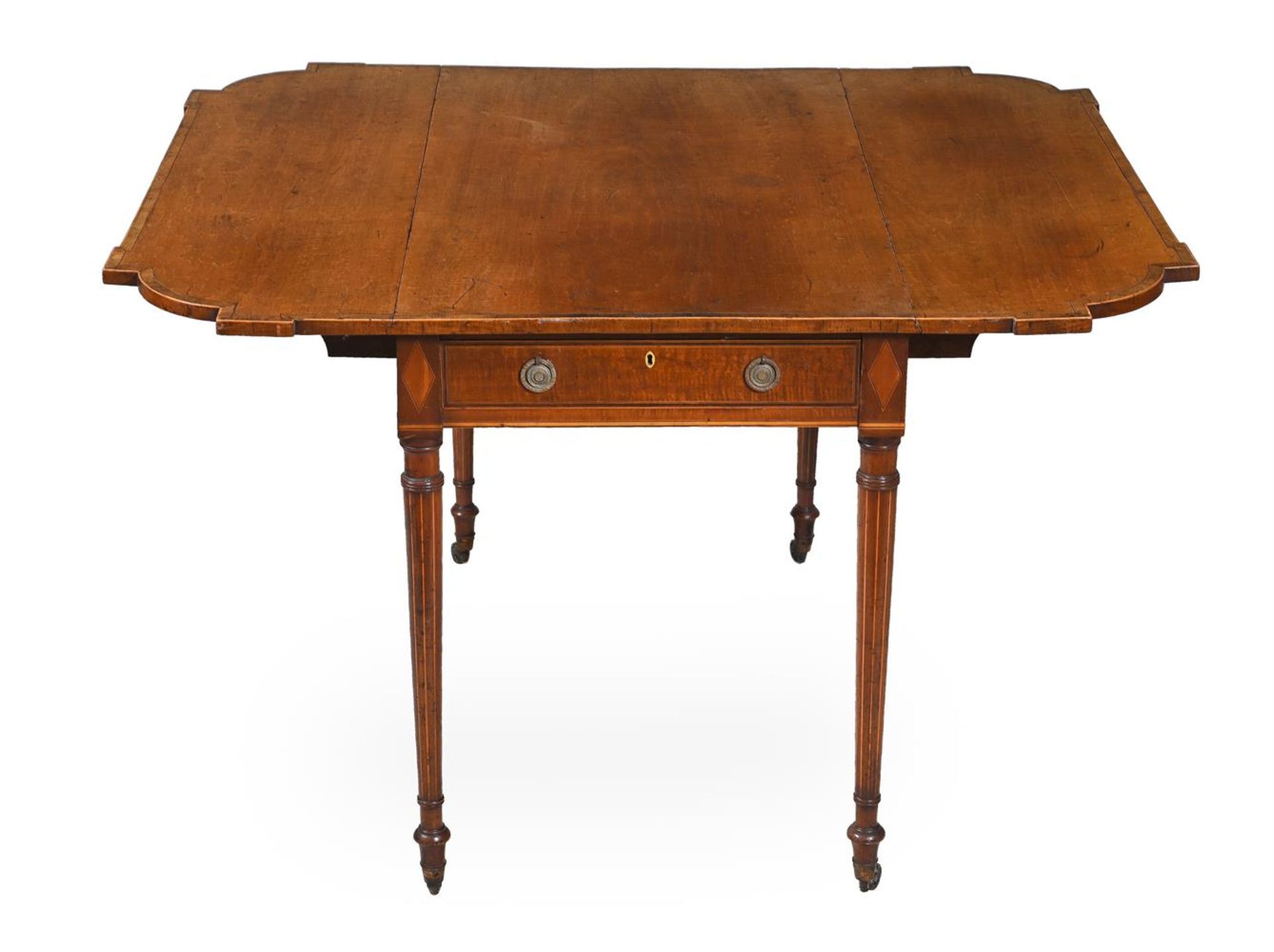 Y A GEORGE III 'FIDDLE BACK' MAHOGANY, ROSEWOOD CROSSBANDED AND LINE INLAID PEMBROKE TABLE - Image 4 of 5