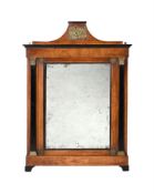 A CONTINENTAL WALNUT, EBONISED, AND GILT METAL MOUNTED OVERMANTEL WALL MIRROR