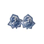 A PAIR OF CAUGHLEY BLUE AND WHITE PRINTED 'FISHERMAN & CORMORANT' PATTERN LEAF-SHAPED PICKLE DISHES