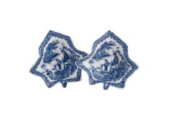 A PAIR OF CAUGHLEY BLUE AND WHITE PRINTED 'FISHERMAN & CORMORANT' PATTERN LEAF-SHAPED PICKLE DISHES