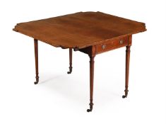 Y A GEORGE III 'FIDDLE BACK' MAHOGANY, ROSEWOOD CROSSBANDED AND LINE INLAID PEMBROKE TABLE