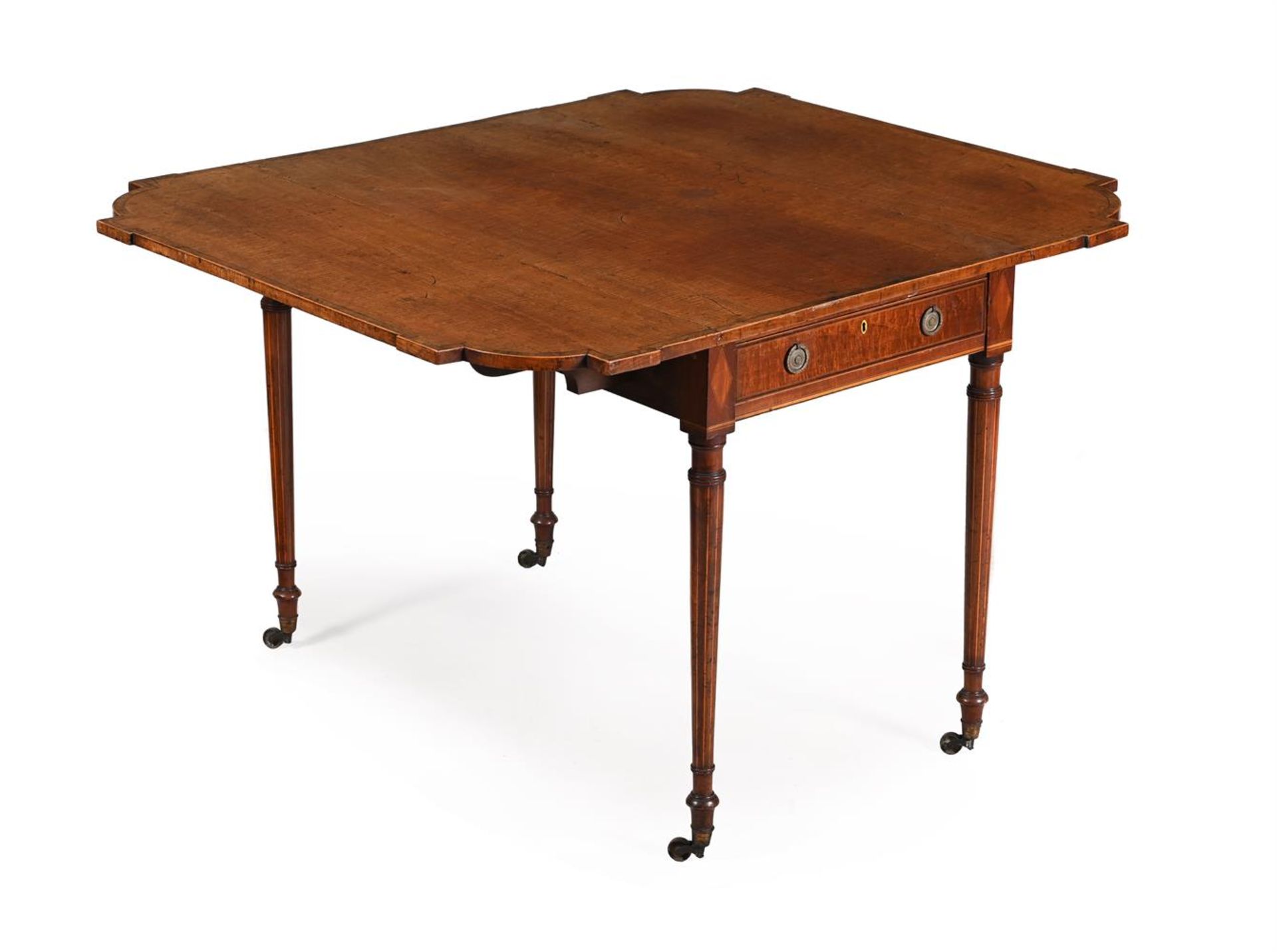 Y A GEORGE III 'FIDDLE BACK' MAHOGANY, ROSEWOOD CROSSBANDED AND LINE INLAID PEMBROKE TABLE