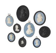 AN ASSORTMENT OF WEDGWOOD BLACK BASALT ANS PALE-BLUE JASPER OVAL PORTRAIT MEDALLIONS