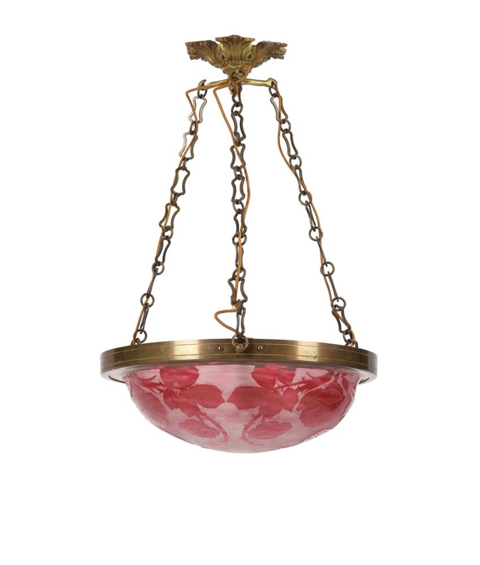 A GILT METAL AND PATE DE VERRE GLASS HANGING CEILING LIGHT