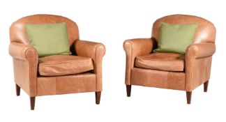 A PAIR OF STAINED BEECH AND LEATHER UPHOLSTERED EASY ARMCHAIRS, OF RECENT MANUFACTURE