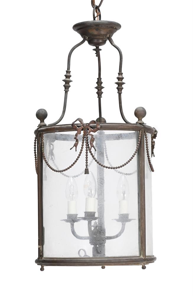 A PATINATED METAL HALL LANTERN