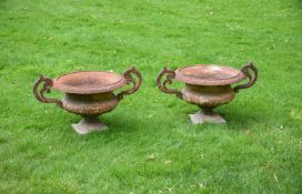 A PAIR OF CAST IRON TWIN HANDLED PLANTERS IN THE EARLY VICTORIAN MANNER